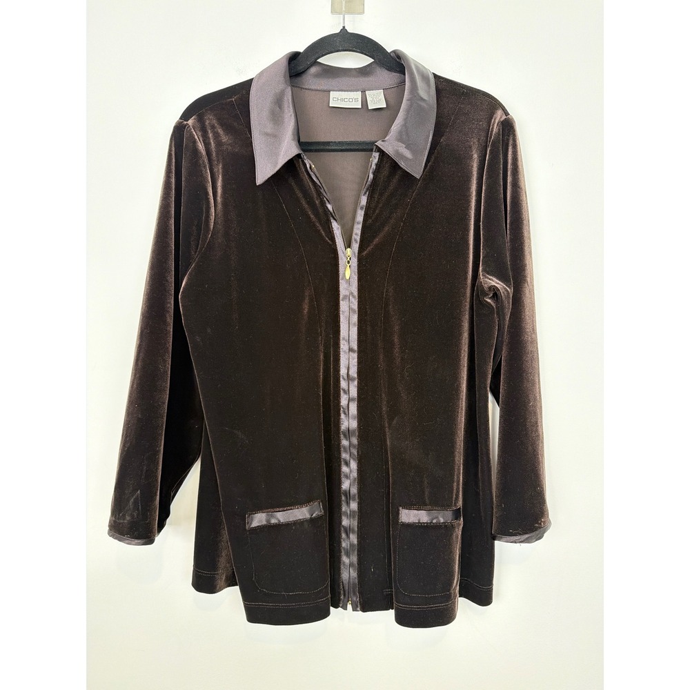 Chico's Vintage Y2K Velvet Jacket XL Dark Brown Zip Front Satin Trim Chic
